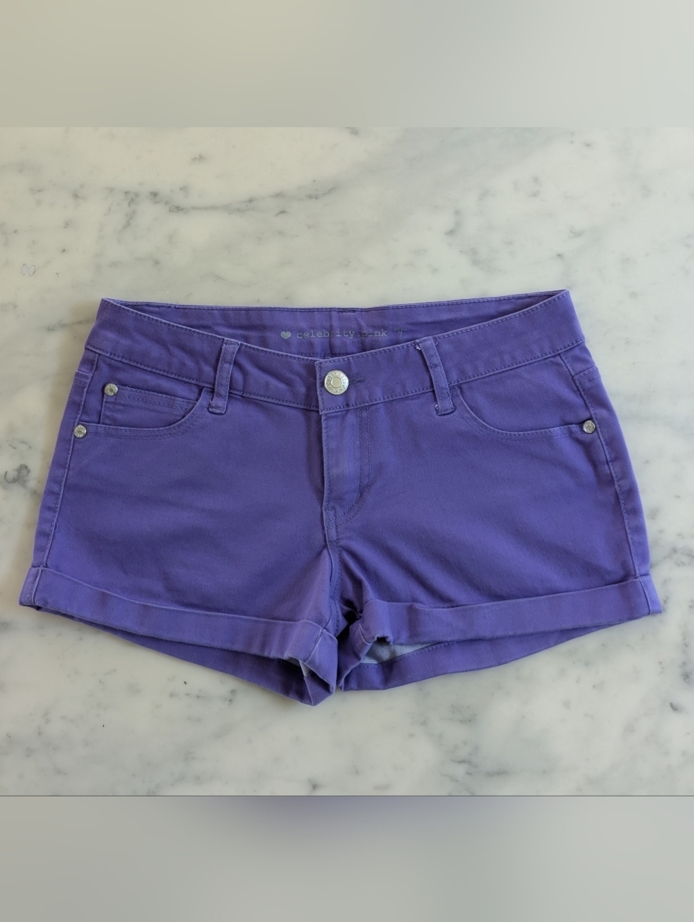 Celebrity Pink Purple Low-Rise Cotton Blend Shorts.